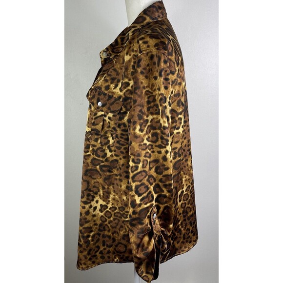 Ruby Rd Liquid Knit Long Sleeve Blouse 12 Leopard Animal Print Shiny Roll Tab - Picture 3 of 11